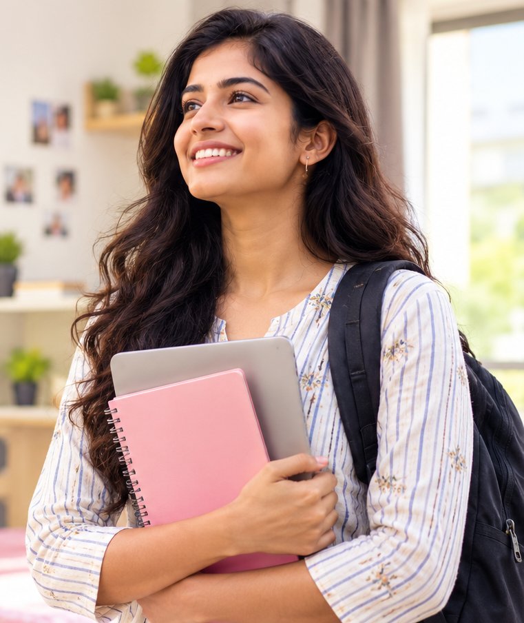 Smiling young woman with a backpack holding a notebook, in a bright bedroom