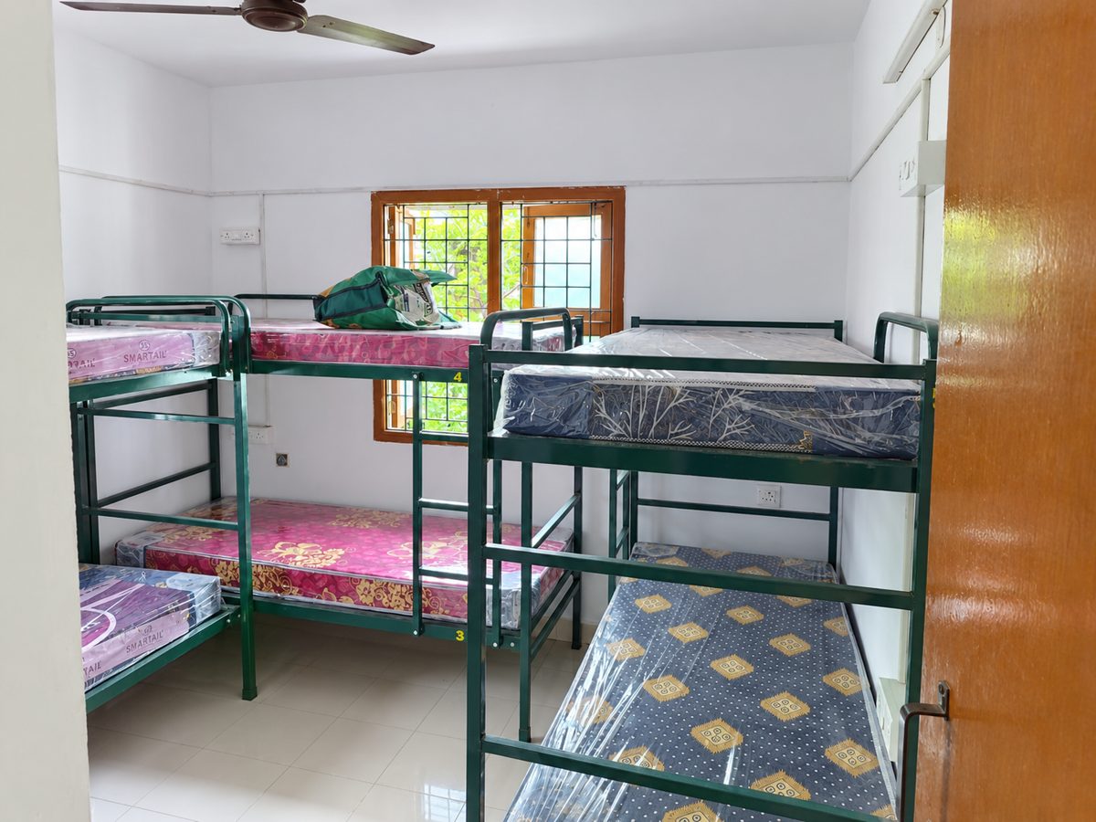 Shared room with bunk beds, a ceiling fan and a window with greenery outside